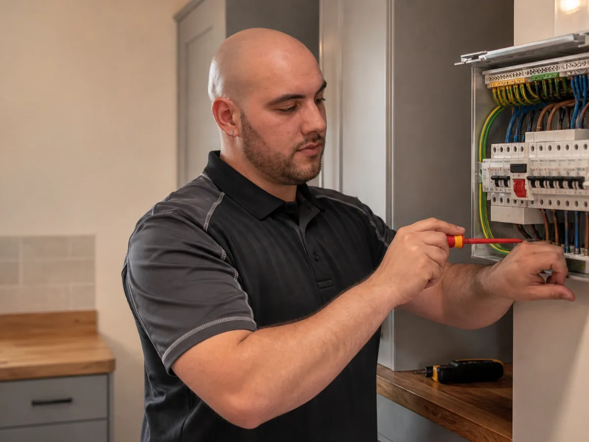 JD Electricals, Jay Dunn of JD Electricals working on a consumer unit in a Basingstoke home