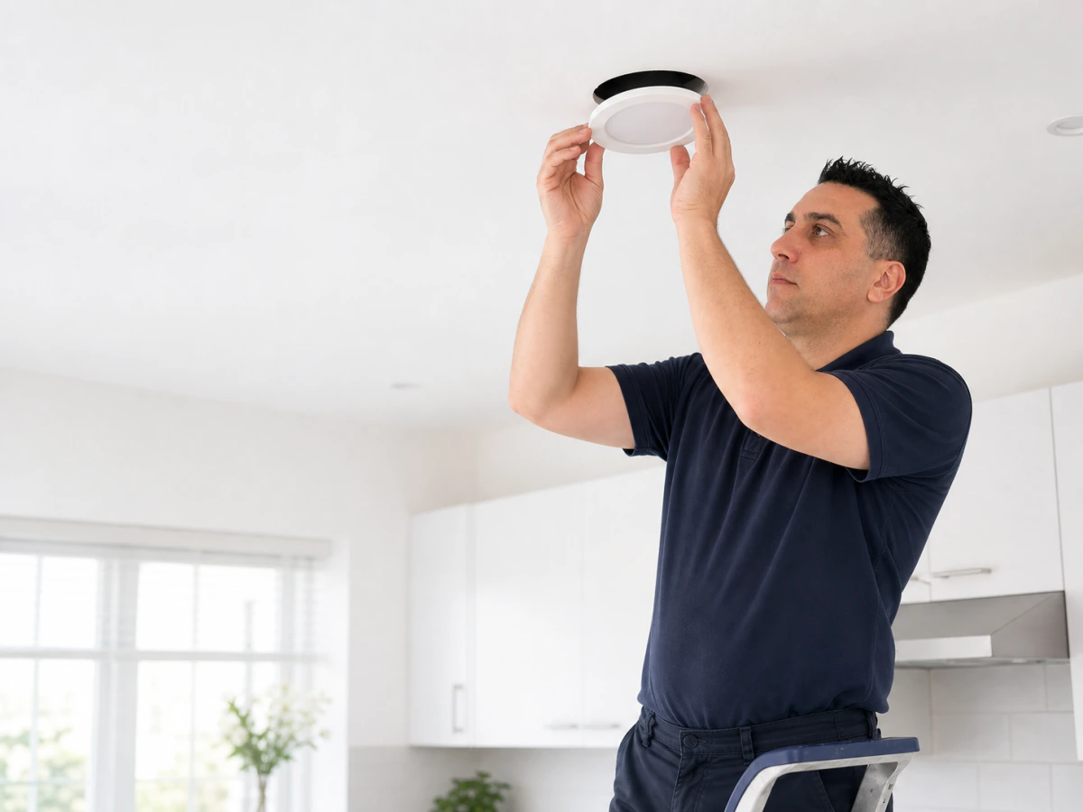 Ceiling downlight being fitted into a plasterboard ceiling