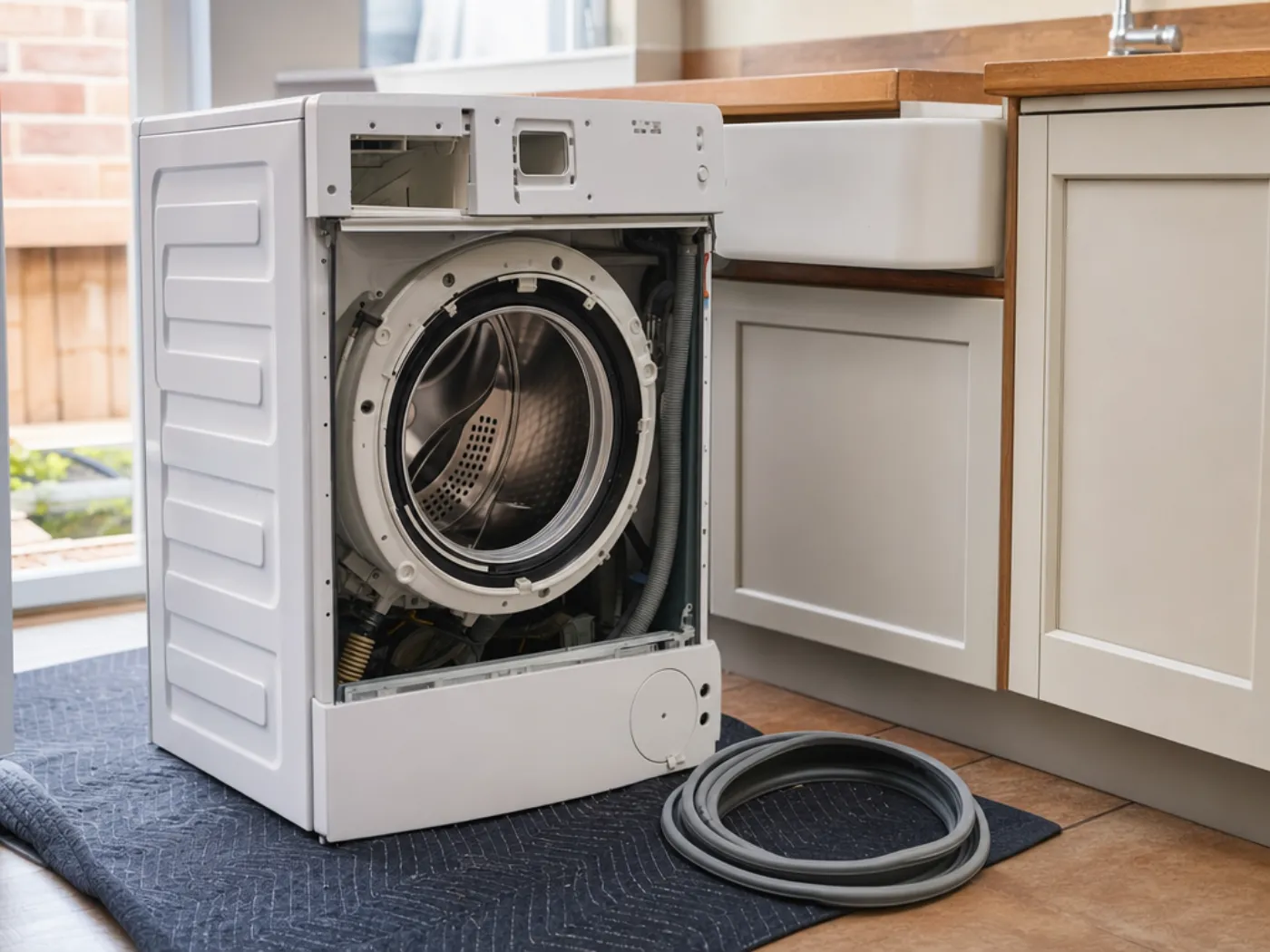 Washing machine with its front panel removed on a protective mat, with a hose beside it