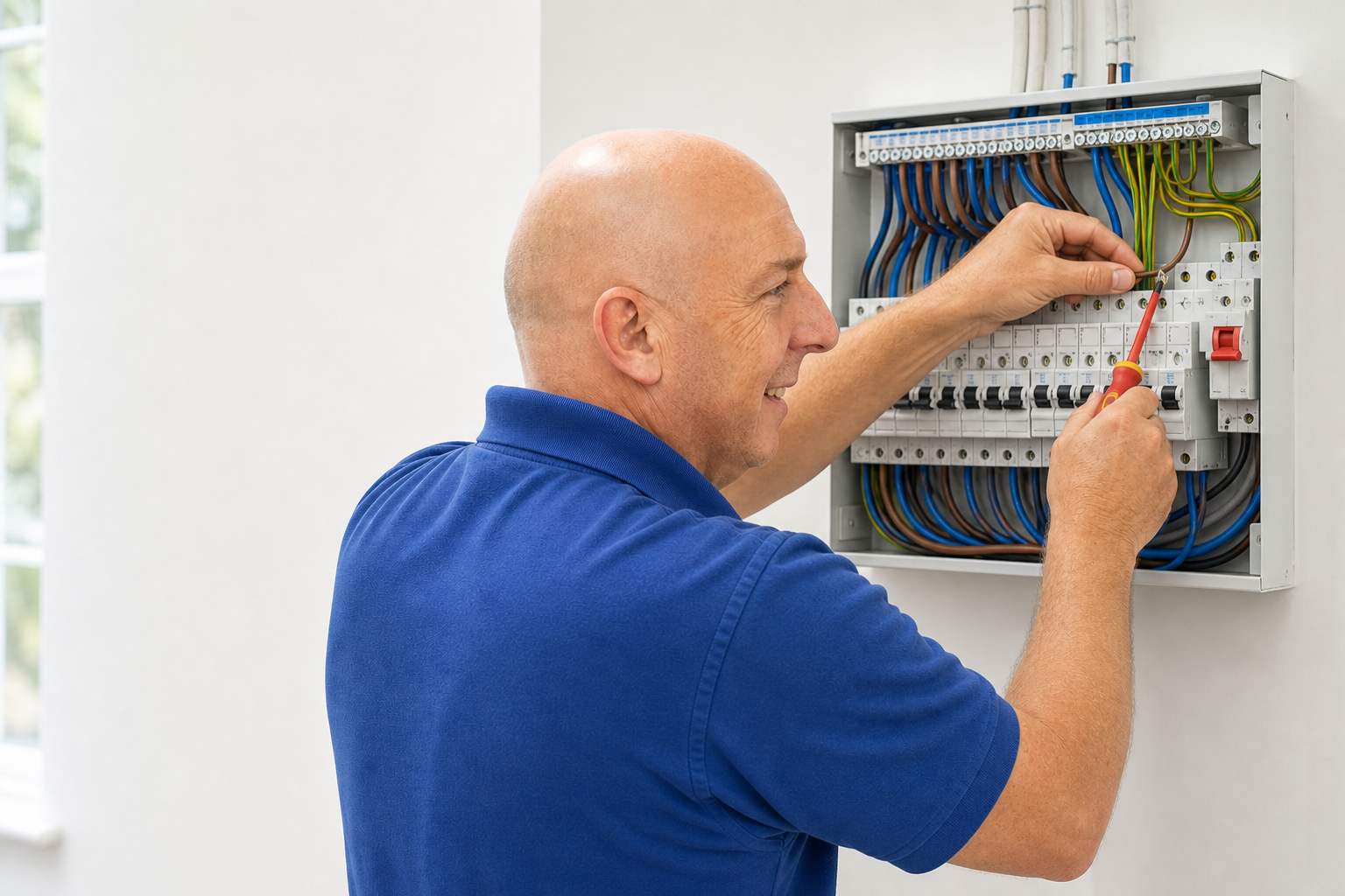 TMB Electrics, Trevor Bush connecting wiring inside an open consumer unit