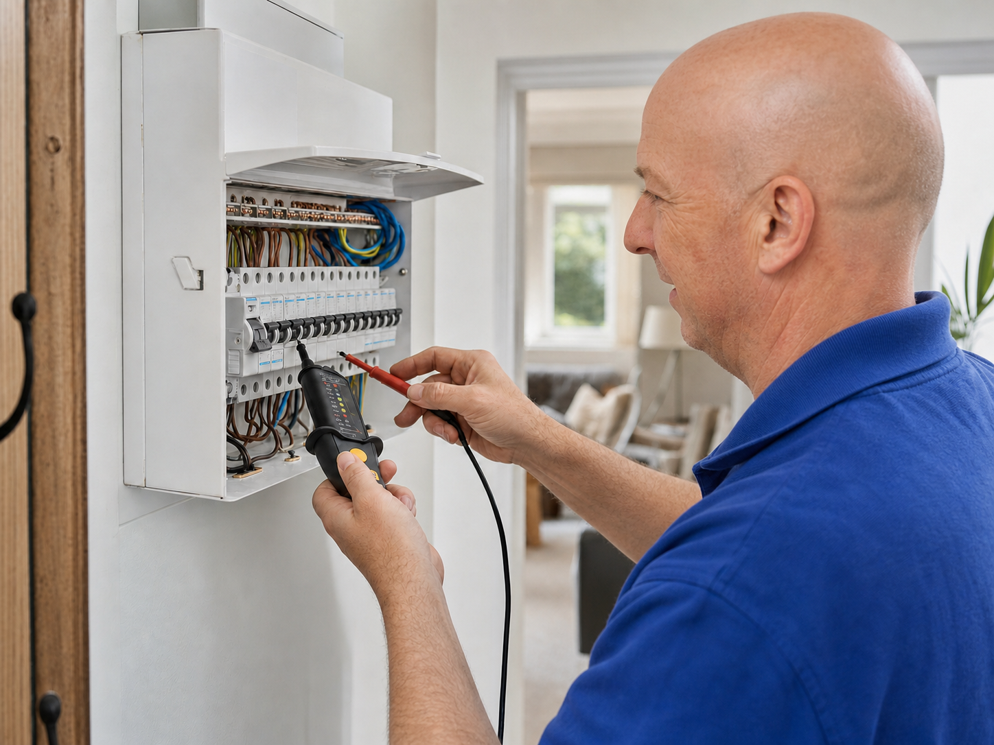 Electrician testing a domestic consumer unit during electrical fault finding