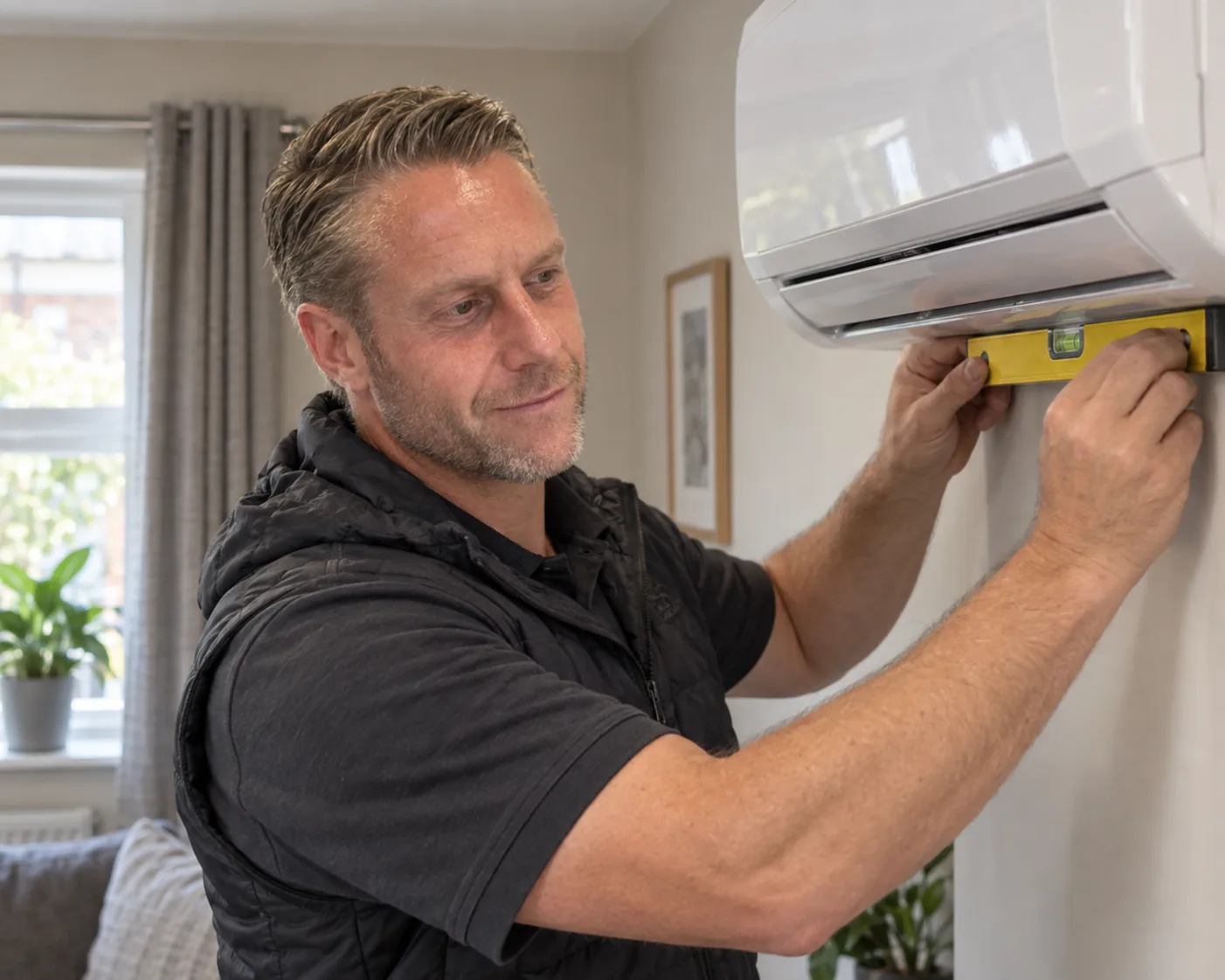 Martin from Perennia Climate Services checking the level of a newly mounted indoor split unit in a UK living room