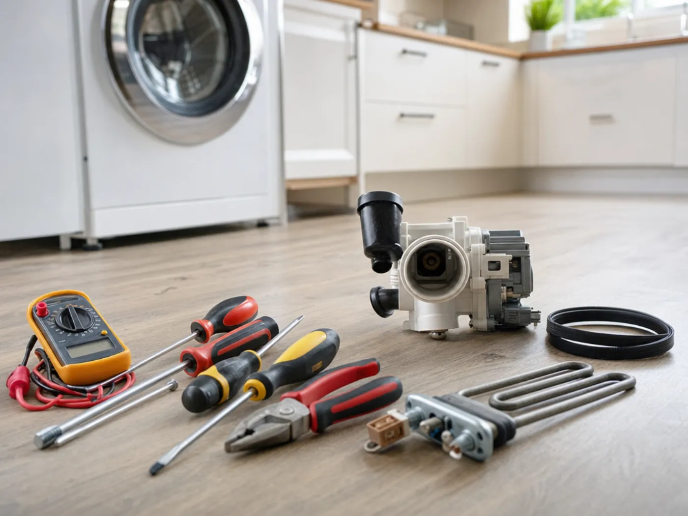Screwdrivers, pliers, a multimeter and spare appliance parts laid out on a floor