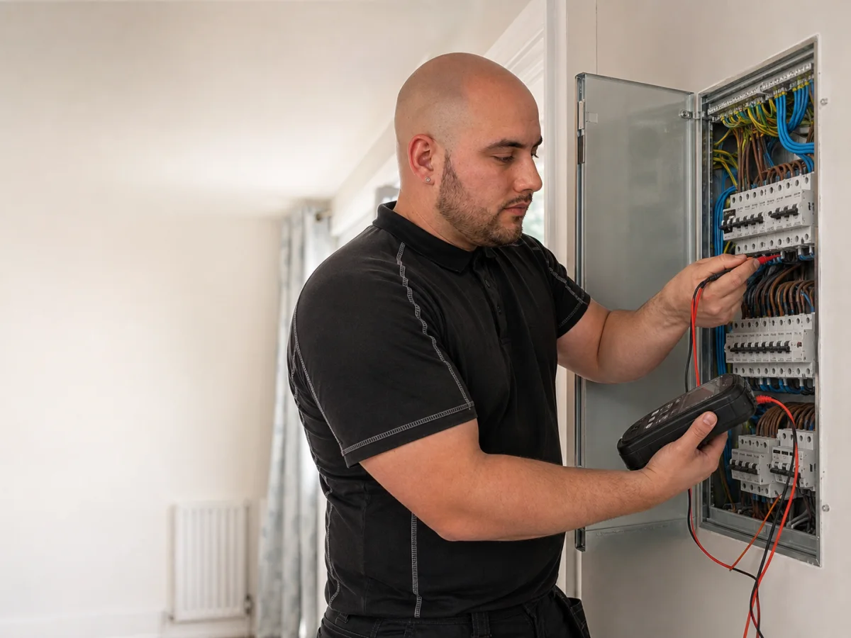 Jay carrying out an EICR with a multifunction tester at a consumer unit