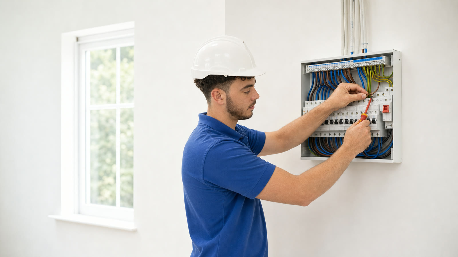 Open consumer unit showing circuit breakers and wiring