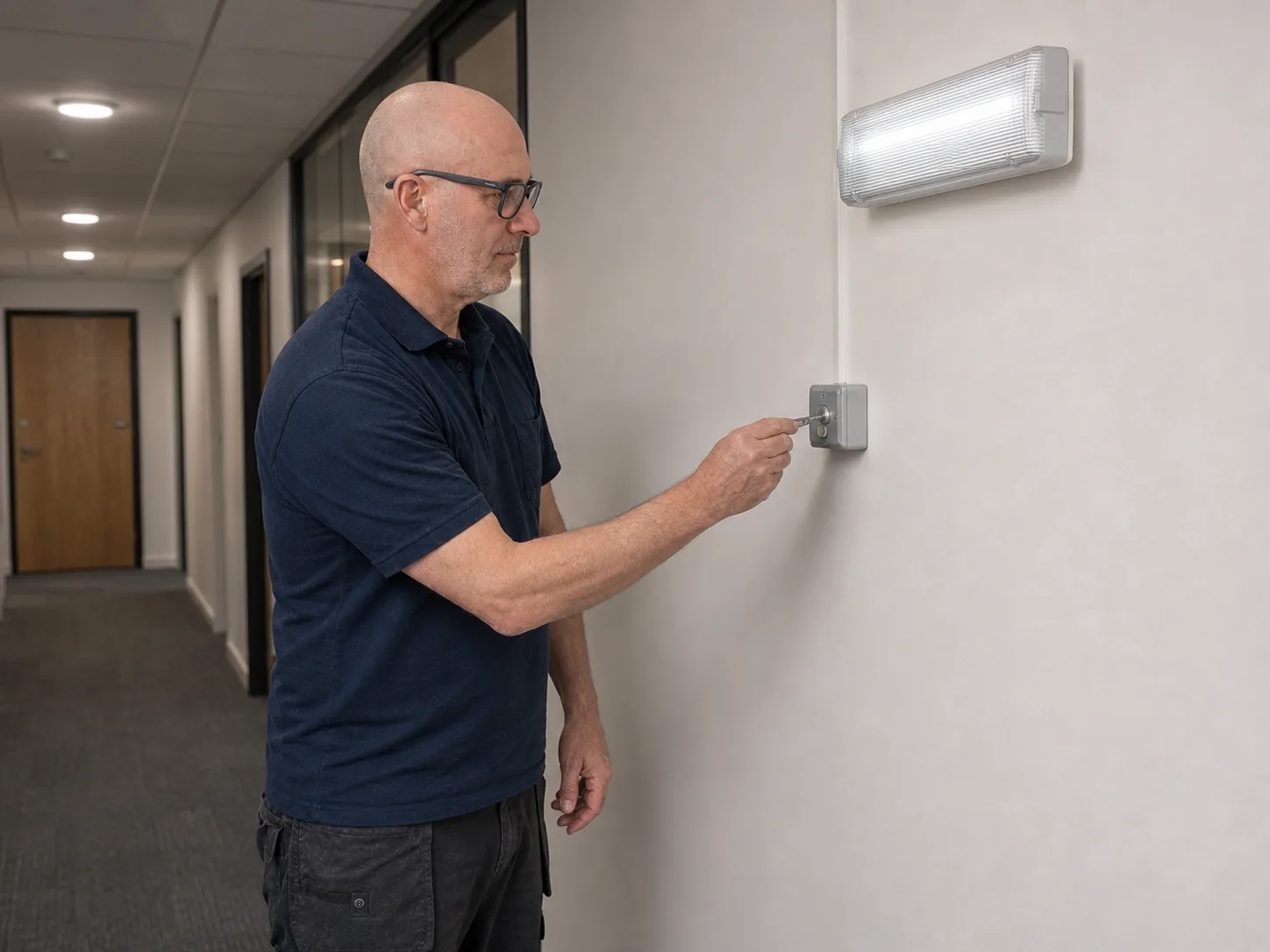 MCI Electrical electrician testing emergency lighting in a commercial corridor