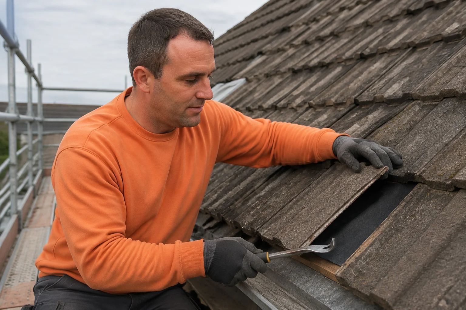 Thomas from Topmark lifts a concrete roof tile to inspect the underlay for a leak from a fully guarded scaffold