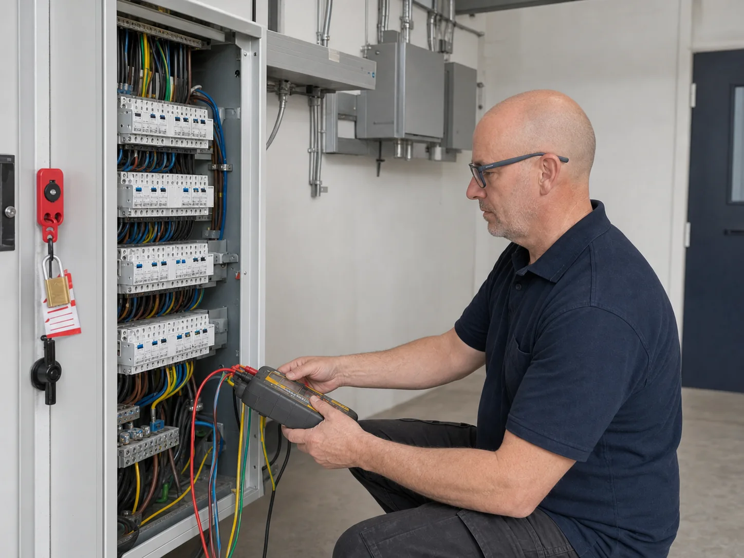 MCI Electrical electrician carrying out fixed wire testing on a commercial distribution board