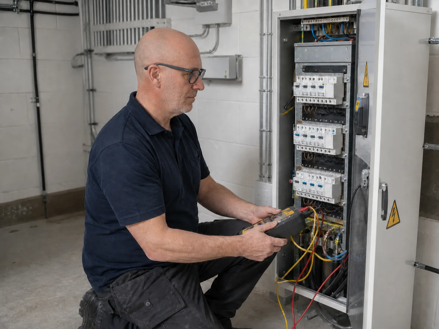MCI Electrical, David McInnes working on a commercial fuse board in an Eastleigh workplace