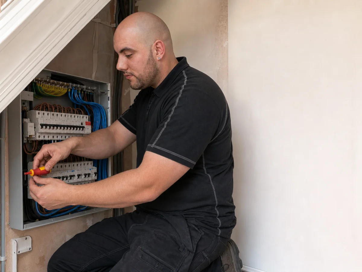 Jay fitting an isolated metal consumer unit during a fuse board replacement