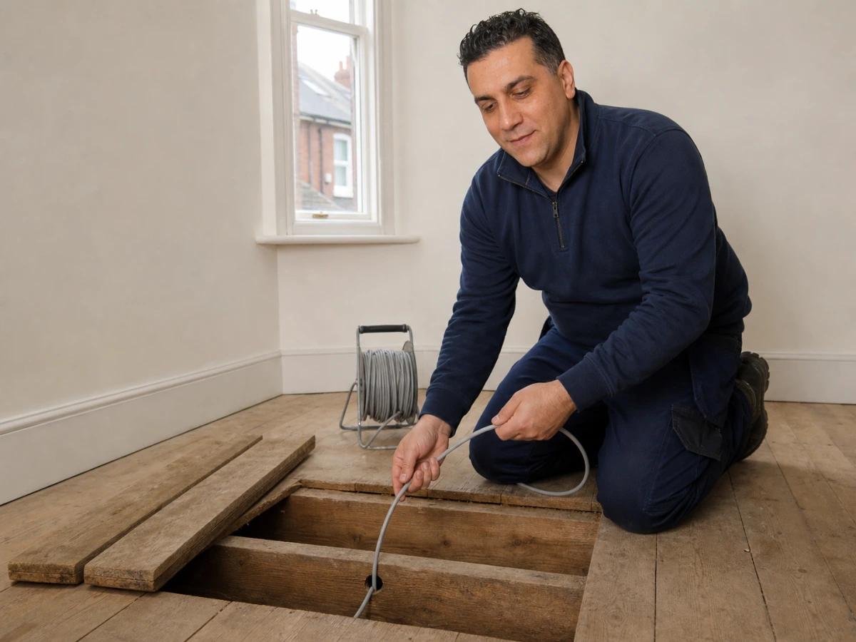 New cable routed through exposed floor joists during a rewire