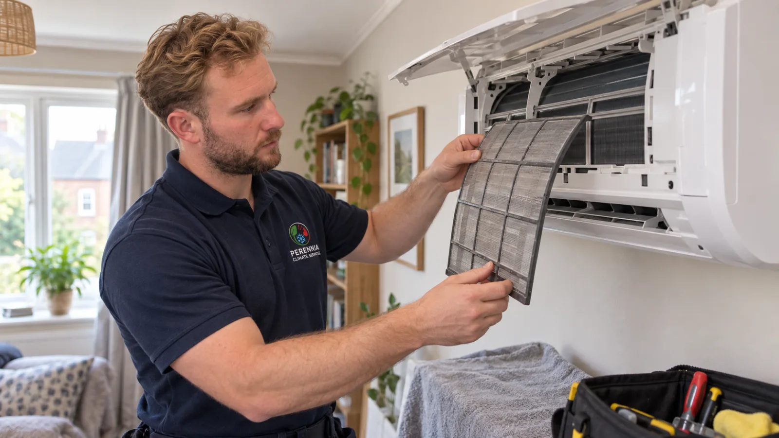 Perennia Climate Services technician cleaning a wall mounted indoor unit with the filter removed