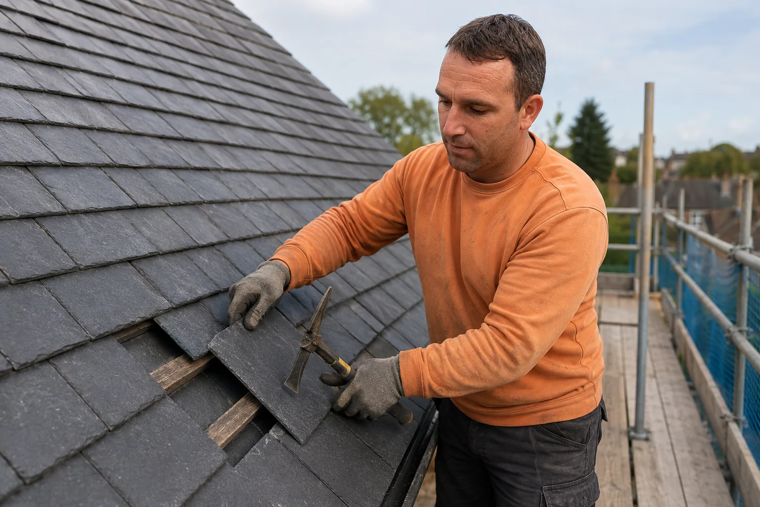Thomas from Topmark fits a replacement slate on a British pitched roof from a fully guarded scaffold