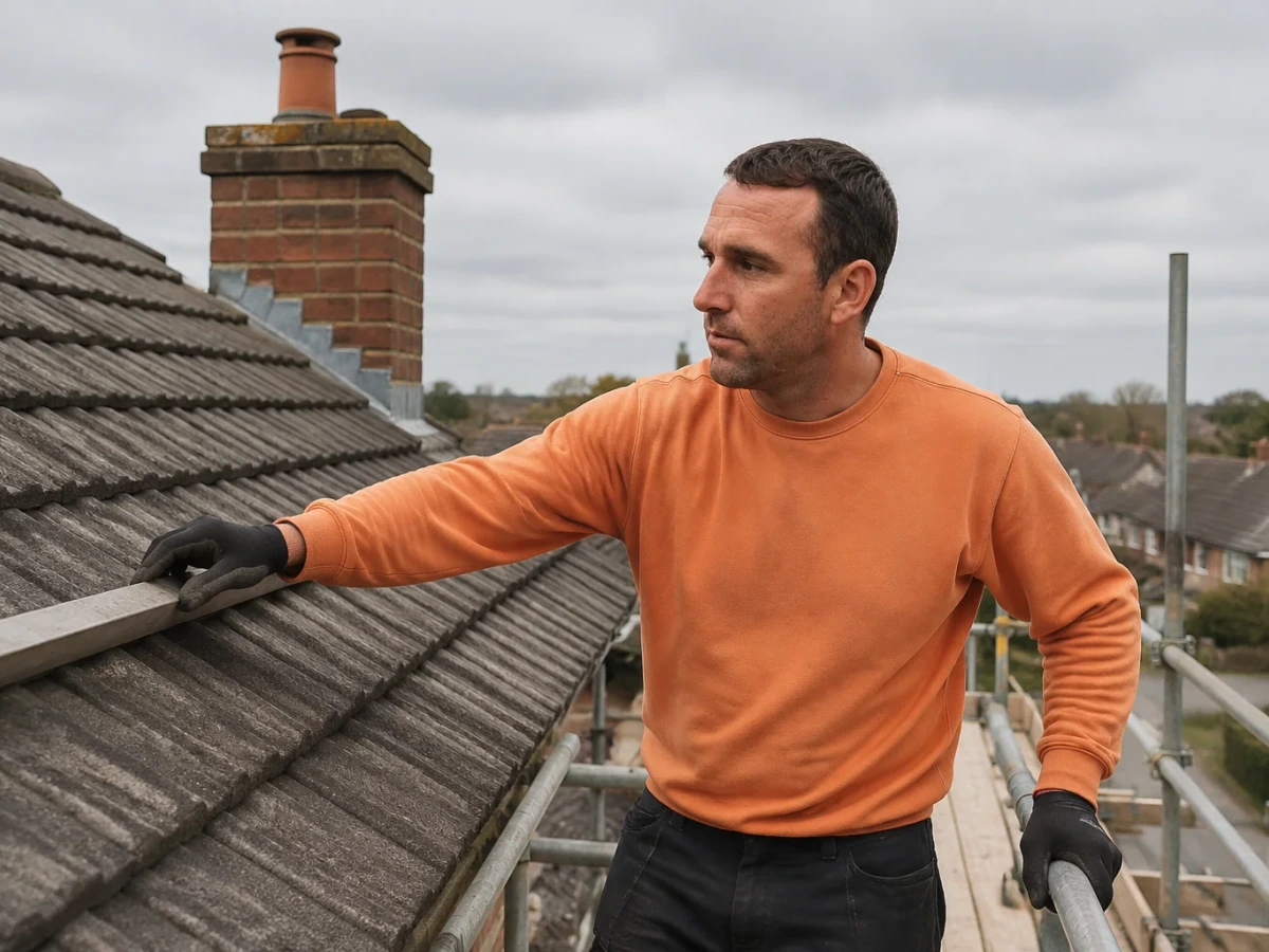Topmark property maintenance, A roofer on a guarded scaffold platform checks the line of a tiled roof beside a brick chimney with lead flashing